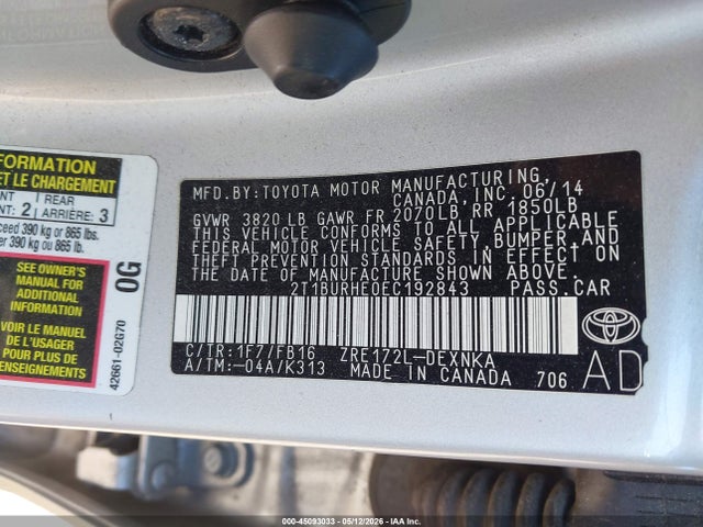 Продаж на аукціоні авто 2014 Toyota Corolla Le, vin: 2T1BURHE0EC192843, номер лоту: 45093033