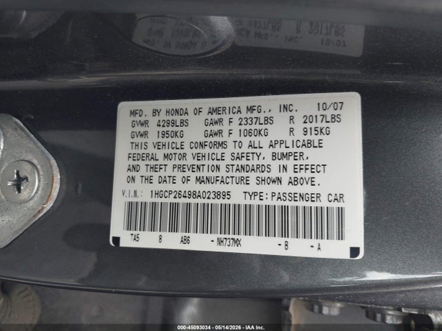 Продаж на аукціоні авто 2008 Honda Accord 2.4 Lx-p, vin: 1HGCP26498A023895, номер лоту: 45093034