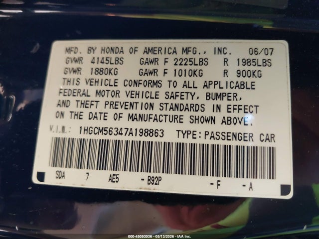 Auction sale of the 2007 Honda Accord 2.4 Se, vin: 1HGCM56347A198863, lot number: 45093036