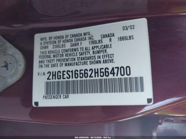 Aukcja sprzedaży 2002 Honda Civic Lx, vin: 2HGES16562H564700, numer aukcji: 45093046