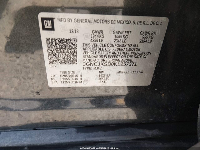 45093057 :رقم المزاد ، 3GNCJKSB0KL257371 vin ، 2019 Chevrolet Trax Ls مزاد بيع