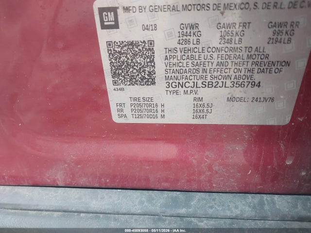 Продажа на аукционе авто 2018 Chevrolet Trax Lt, vin: 3GNCJLSB2JL356794, номер лота: 45093058
