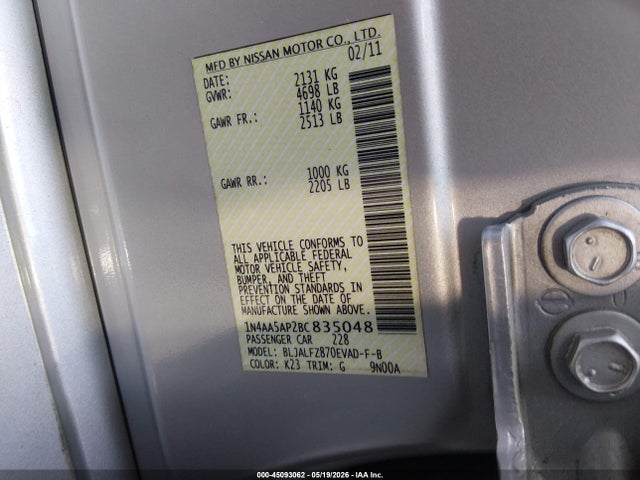Aukcja sprzedaży 2011 Nissan Maxima 3.5 Sv, vin: 1N4AA5AP2BC835048, numer aukcji: 45093062