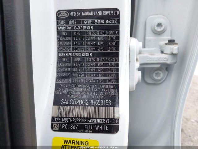 2017 Land Rover Discovery Sport Hse მანქანა იყიდება აუქციონზე, vin: SALCR2BG2HH653153, აუქციონის ნომერი: 45093069