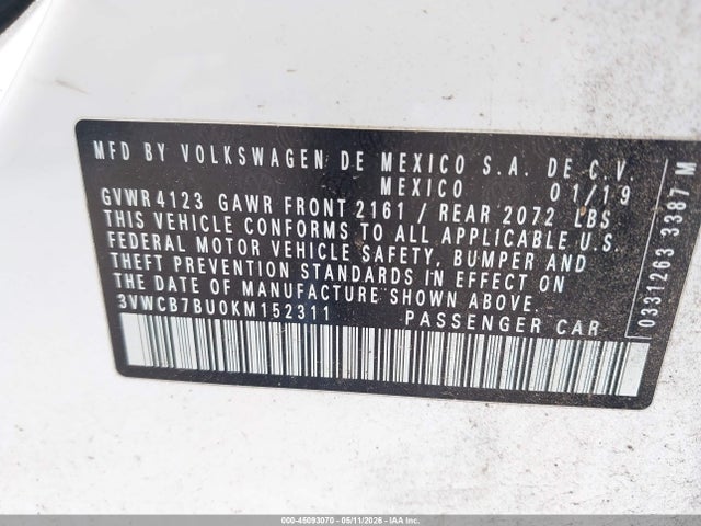 Aukcja sprzedaży 2019 Volkswagen Jetta 1.4t R-line/1.4t S/1.4t Se, vin: 3VWCB7BU0KM152311, numer aukcji: 45093070