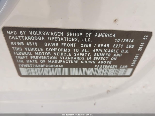 2015 Volkswagen Passat 1.8t Sport მანქანა იყიდება აუქციონზე, vin: 1VWBT7A38FC035343, აუქციონის ნომერი: 45093077