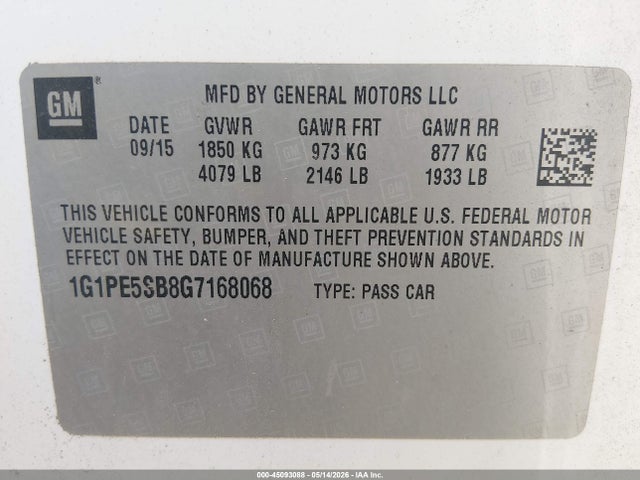 45093088 :رقم المزاد ، 1G1PE5SB8G7168068 vin ، 2016 Chevrolet Cruze Limited 1lt Auto مزاد بيع
