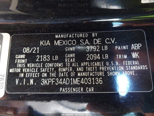 45093096 :رقم المزاد ، 3KPF34AD1ME403136 vin ، 2021 Kia Forte Gt-line مزاد بيع