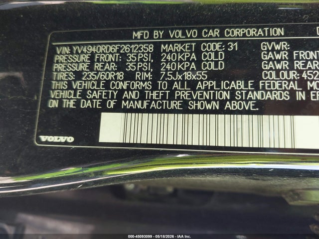 Продаж на аукціоні авто 2015 Volvo Xc60 3.2 Platinum, vin: YV4940RD6F2612358, номер лоту: 45093099