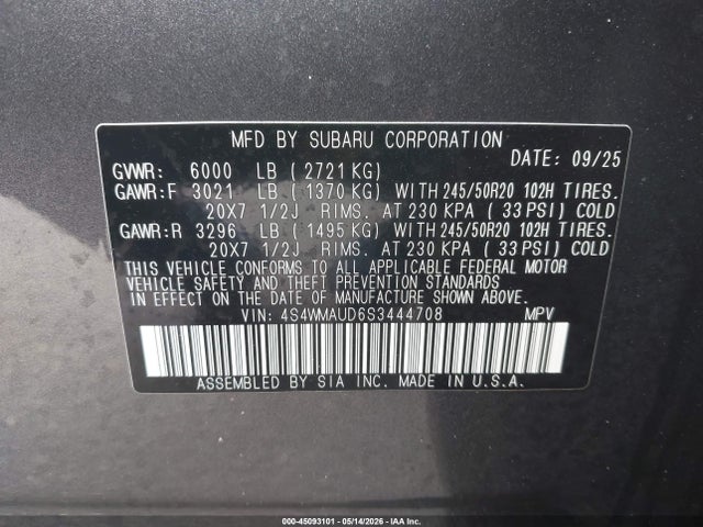Продаж на аукціоні авто 2025 Subaru Ascent Touring 7-passenger, vin: 4S4WMAUD6S3444708, номер лоту: 45093101