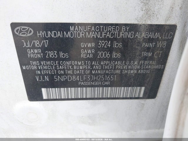 Продажа на аукционе авто 2018 Hyundai Elantra Sel, vin: 5NPD84LF3JH251651, номер лота: 45093103
