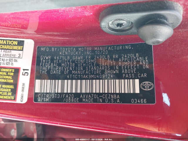 4T1C11AK9MU409124 Toyota CAMRY LE
