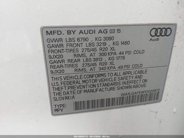 Aukcja sprzedaży 2015 Audi Q7 3.0t Premium, vin: WA1LGAFE9FD020972, numer aukcji: 45093118