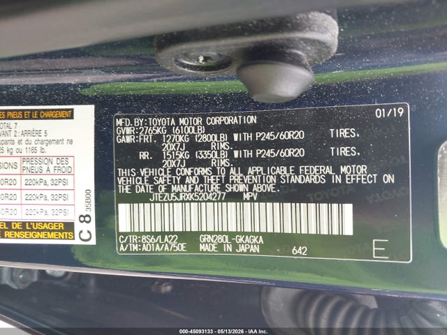 Продажа на аукционе авто 2019 Toyota 4runner Limited, vin: JTEZU5JRXK5204277, номер лота: 45093133