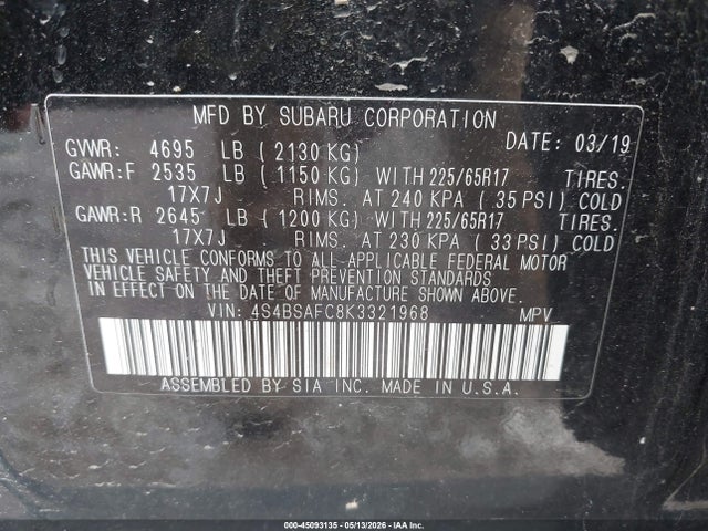 Продаж на аукціоні авто 2019 Subaru Outback 2.5i Premium, vin: 4S4BSAFC8K3321968, номер лоту: 45093135