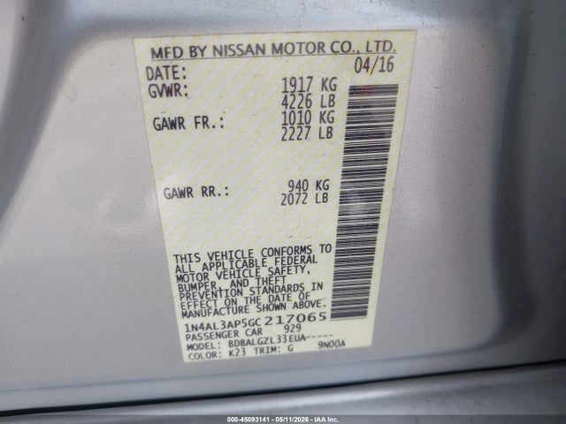 Aukcja sprzedaży 2016 Nissan Altima 2.5/2.5 S/2.5 Sl/2.5 Sr/2.5 Sv, vin: 1N4AL3AP5GC217065, numer aukcji: 45093141