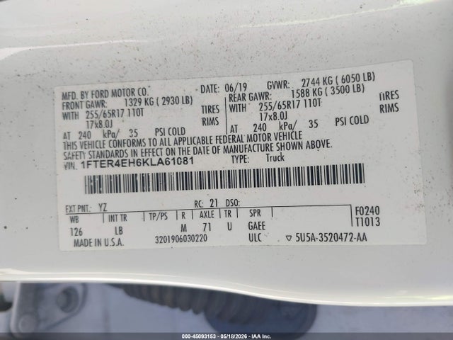 Auction sale of the 2019 Ford Ranger Xlt, vin: 1FTER4EH6KLA61081, lot number: 45093153