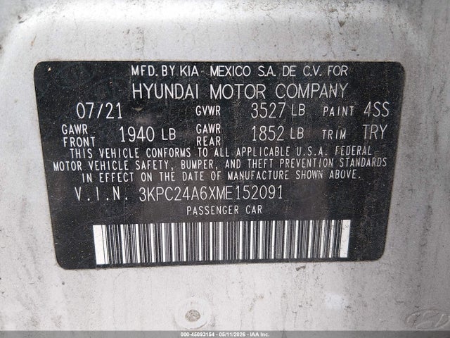 Продаж на аукціоні авто 2021 Hyundai Accent Sel, vin: 3KPC24A6XME152091, номер лоту: 45093154