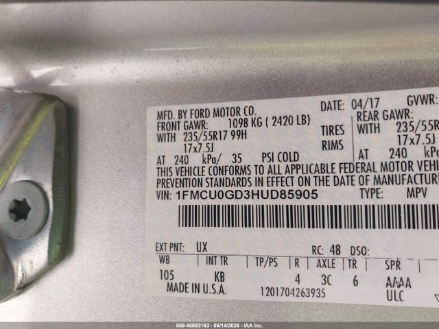 45093163 :رقم المزاد ، 1FMCU0GD3HUD85905 vin ، 2017 Ford Escape Se مزاد بيع