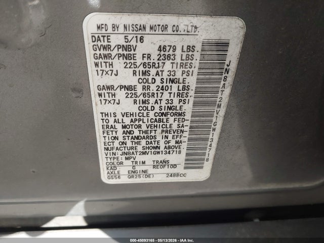 JN8AT2MV1GW134718 Nissan Rogue S/sl/sv