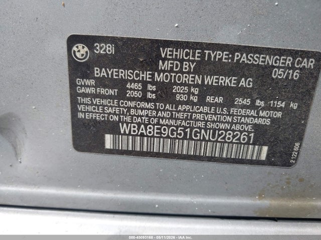 2016 Bmw 328i მანქანა იყიდება აუქციონზე, vin: WBA8E9G51GNU28261, აუქციონის ნომერი: 45093168