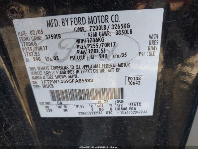 Aukcja sprzedaży 2005 Ford F-150 Fx4/lariat/xlt, vin: 1FTPW14595FA86583, numer aukcji: 45093170