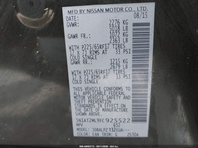 Aukcja sprzedaży 2015 Nissan Rogue S, vin: 5N1AT2ML9FC925522, numer aukcji: 45093172