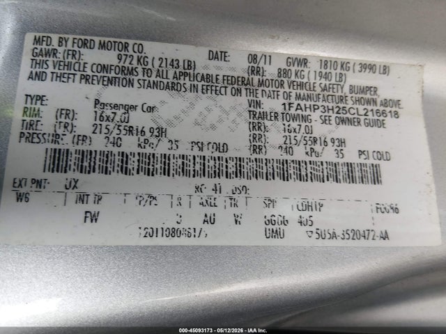 Aukcja sprzedaży 2012 Ford Focus Sel, vin: 1FAHP3H25CL216618, numer aukcji: 45093173