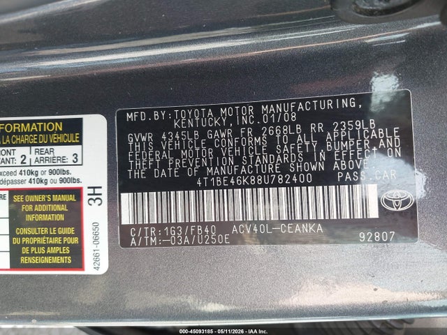 2008 Toyota Camry Le მანქანა იყიდება აუქციონზე, vin: 4T1BE46K88U782400, აუქციონის ნომერი: 45093185