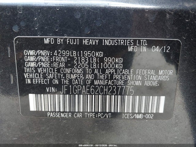 45093191 :رقم المزاد ، JF1GPAE62CH237775 vin ، 2012 Subaru Impreza 2.0i Premium مزاد بيع