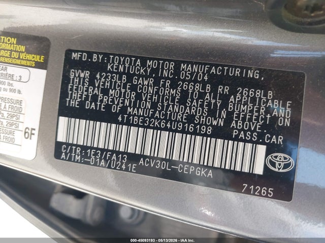 Продаж на аукціоні авто 2004 Toyota Camry Xle, vin: 4T1BE32K64U916198, номер лоту: 45093193