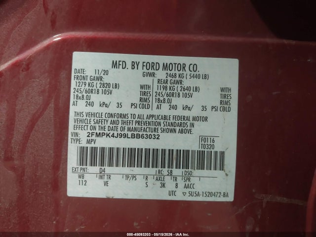Aukcja sprzedaży 2020 Ford Edge Sel, vin: 2FMPK4J99LBB63032, numer aukcji: 45093203