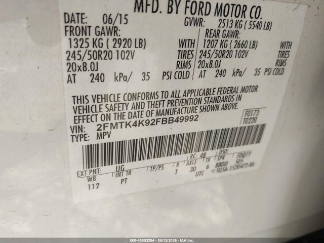 45093204 :رقم المزاد ، 2FMTK4K92FBB49992 vin ، 2015 Ford Edge Titanium مزاد بيع