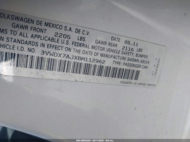 45093209 :رقم المزاد ، 3VWDX7AJXBM112962 vin ، 2011 Volkswagen Jetta 2.5l Se مزاد بيع