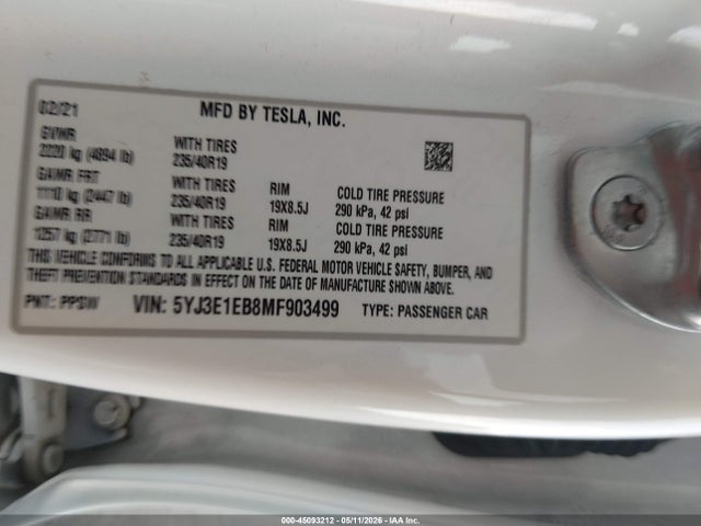 Продажа на аукционе авто 2021 Tesla Model 3 Long Range, vin: 5YJ3E1EB8MF903499, номер лота: 45093212