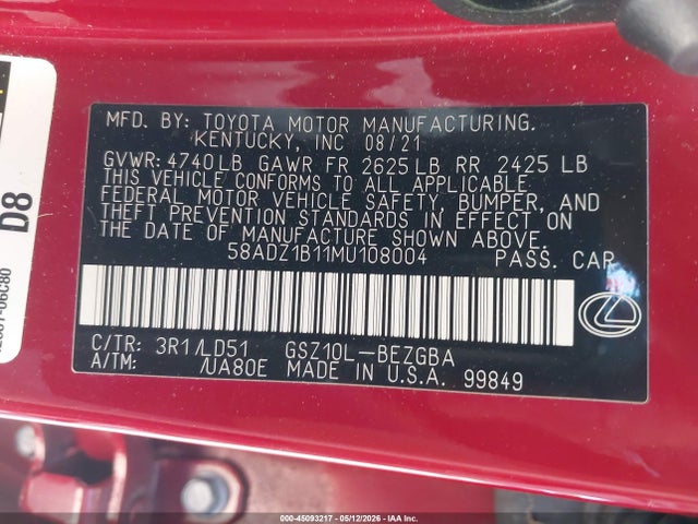 Aukcja sprzedaży 2021 Lexus Es 350, vin: 58ADZ1B11MU108004, numer aukcji: 45093217