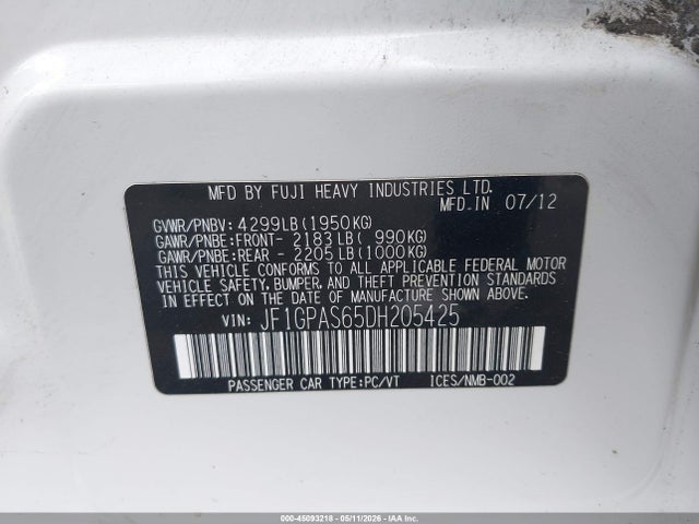 45093218 :رقم المزاد ، JF1GPAS65DH205425 vin ، 2013 Subaru Impreza 2.0i Sport Limited مزاد بيع