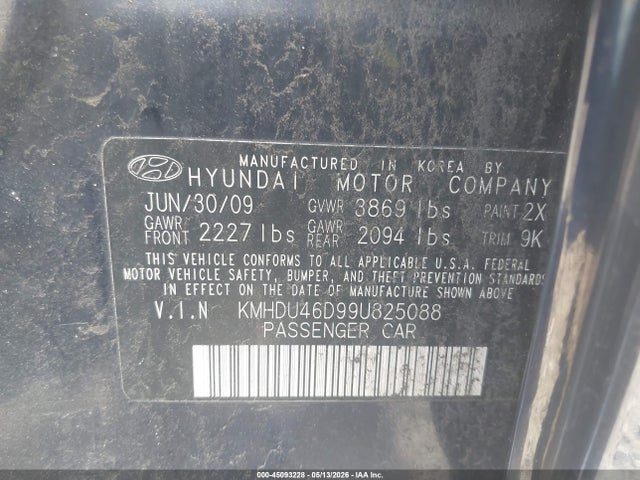 45093228 :رقم المزاد ، KMHDU46D99U825088 vin ، 2009 Hyundai Elantra Gls مزاد بيع