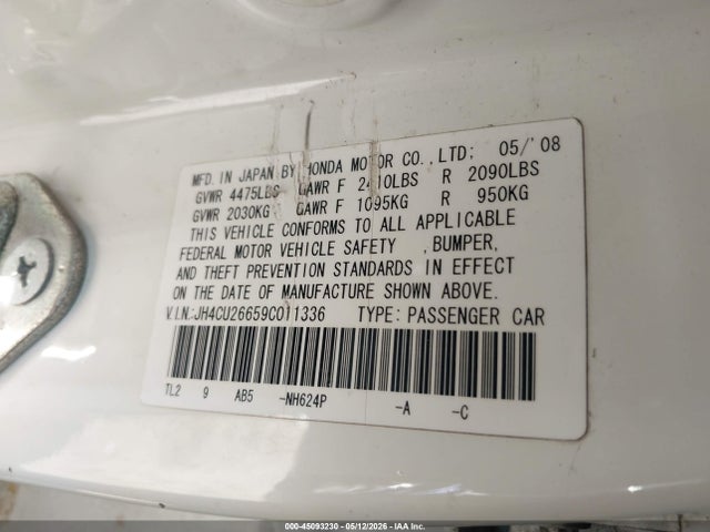 45093230 :رقم المزاد ، JH4CU26659C011336 vin ، 2009 Acura Tsx مزاد بيع