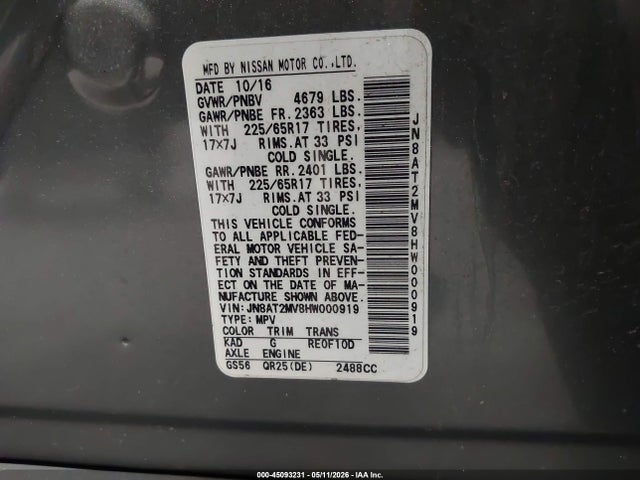 Aukcja sprzedaży 2017 Nissan Rogue Sv, vin: JN8AT2MV8HW000919, numer aukcji: 45093231