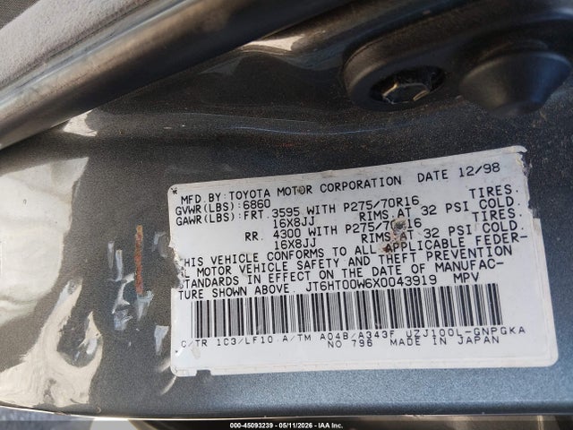 45093239 :رقم المزاد ، JT6HT00W6X0043919 vin ، 1999 Lexus Lx 470 مزاد بيع