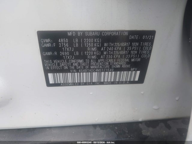 Aukcja sprzedaży 2021 Subaru Outback Premium, vin: 4S4BTADC4M3171540, numer aukcji: 45093245