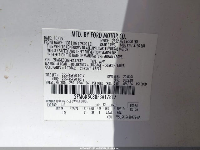 Продажа на аукционе авто 2015 Ford Flex Sel, vin: 2FMGK5C88FBA17817, номер лота: 45093262