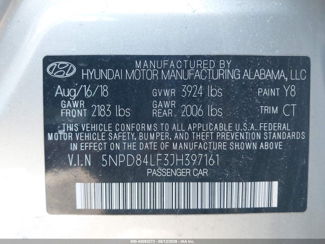 45093272 :رقم المزاد ، 5NPD84LF3JH397161 vin ، 2018 Hyundai Elantra Value Edition مزاد بيع
