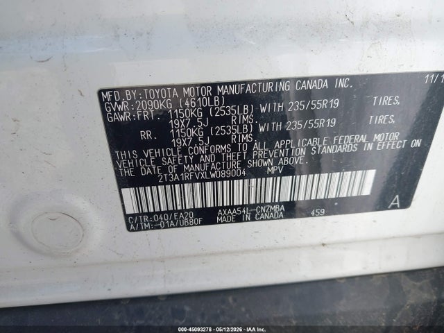 45093278 :رقم المزاد ، 2T3A1RFVXLW089004 vin ، 2020 Toyota Rav4 Xle Premium مزاد بيع