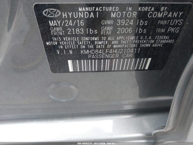 Продажа на аукционе авто 2017 Hyundai Elantra Se, vin: KMHD84LF4HU210411, номер лота: 45093279