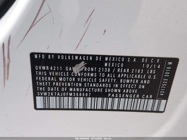 Aukcja sprzedaży 2015 Volkswagen Jetta 2.0l S, vin: 3VW2K7AJ0FM356597, numer aukcji: 45093288