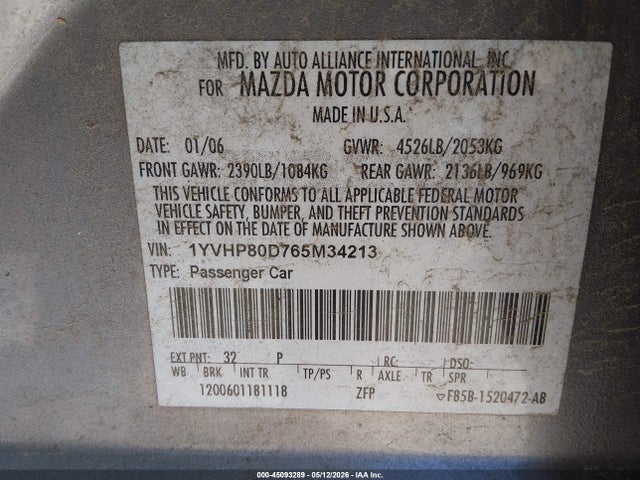 Продаж на аукціоні авто 2006 Mazda Mazda6 S, vin: 1YVHP80D765M34213, номер лоту: 45093289