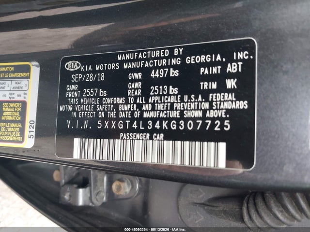 45093294 :رقم المزاد ، 5XXGT4L34KG307725 vin ، 2019 Kia Optima Lx مزاد بيع