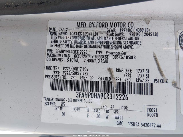 Aukcja sprzedaży 2012 Ford Fusion Se, vin: 3FAHP0HA9CR312226, numer aukcji: 45093298